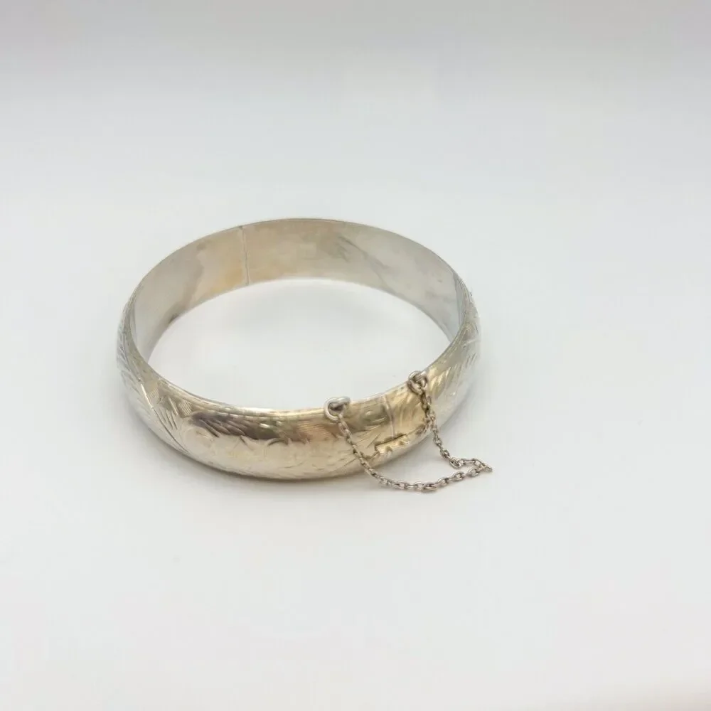 Sterling Silver 925 FAS Hinged Bangle Bracelet, Etched Design, Vintage
